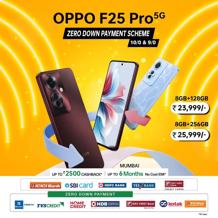 a9mobiles's tweet photo. The May Mega Scheme is here Now Buy the all New OPPO F25 Pro Series at attractive EMI Scheme of 10/0 &amp; 9/0.

10% Instant Discount On Select Cards***

Call/Whatsapp - 9967694999 / 9664342178

#OPPO #A9Mobiles #Kalbadevi 
#OPPOF25Pro
#ZERODownPayment 
#EMIScheme https://t.co/oBIWz9KnpN
