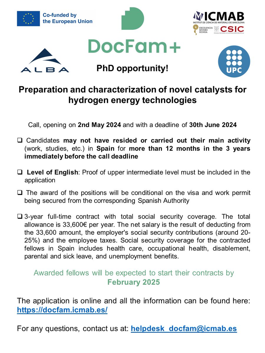 Sincrotró ALBA💡 (@albasynchrotron) on Twitter photo 🔊#PhD opportunity!
"Preparation and characterization of novel #catalysts for #HydrogenEnergy technologies"
This project is a follow-up of a strong collaboration between <a href="/la_UPC/">Universitat Politècnica de Catalunya (UPC)</a> and the #ALBASynchrotron
#Chemistry #Physics #MaterialsScience
Application👉docfam.icmab.es 🔊#PhD opportunity!
"Preparation and characterization of novel #catalysts for #HydrogenEnergy technologies"
This project is a follow-up of a strong collaboration between <a href="/la_UPC/">Universitat Politècnica de Catalunya (UPC)</a> and the #ALBASynchrotron
#Chemistry #Physics #MaterialsScience
Application👉docfam.icmab.es