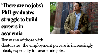 JoshuaTMcCabe's tweet photo. The bleak employment picture for PhDs isn't "especially for academic jobs", it's *only for academic jobs*. 

Finding a job with a PhD outside of academia is quite easy. https://t.co/oEA7zv9lZ6
