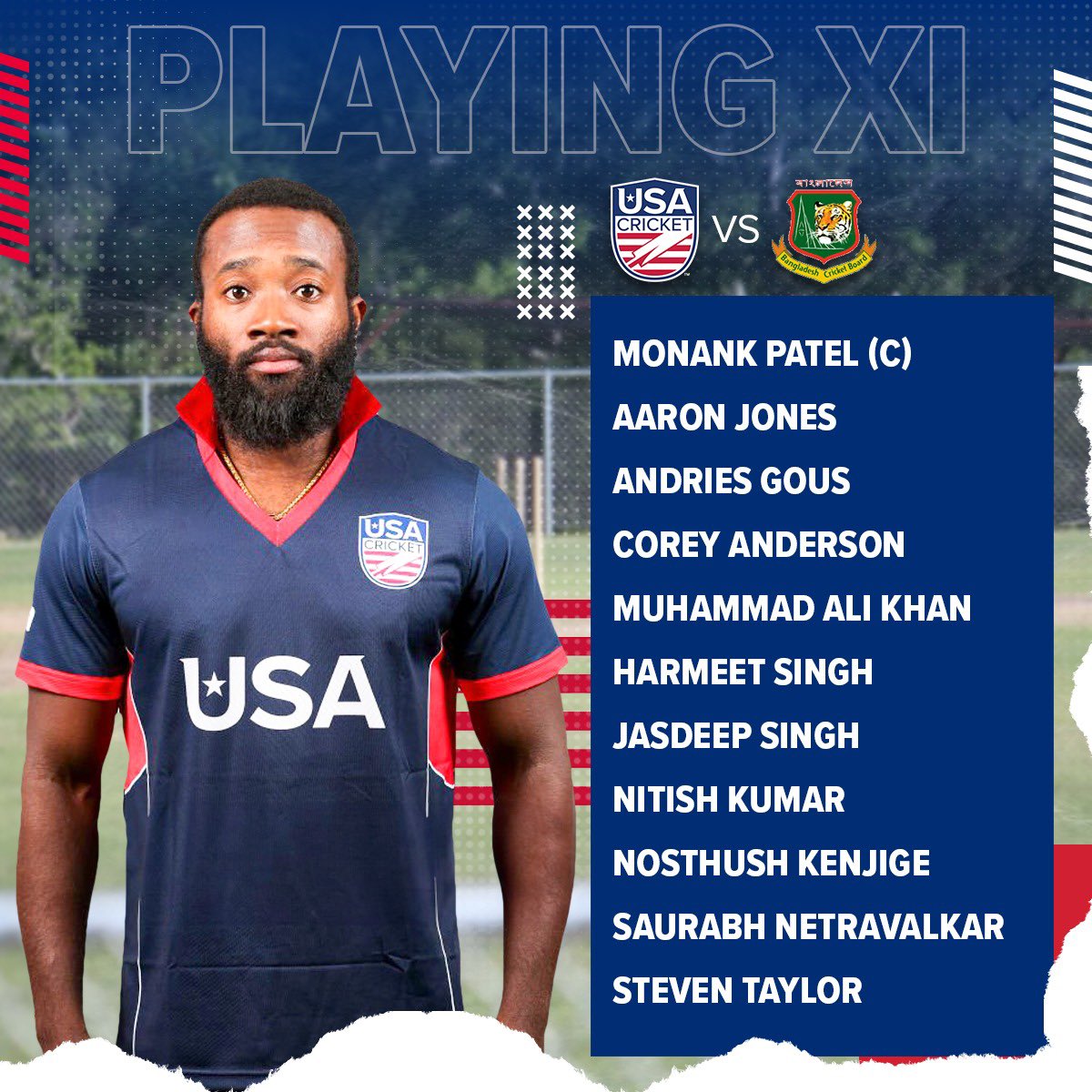 Here’s our Playing XI for the first T20i against Bangladesh! 🏏

USA won the toss and elected to bowl first. 

Watch live on 📲: Willow and Youtube

#USAvBAN #WeAreUSACricket 🇺🇸