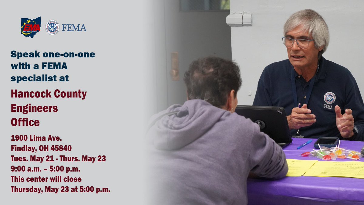 OHIO: We've opened another disaster recovery center in Hancock County. If you had damage to your home or property from the March 14 tornadoes and you want to speak with a FEMA specialist or apply for assistance, come see us. Find other recovery centers at fema.gov/drc.