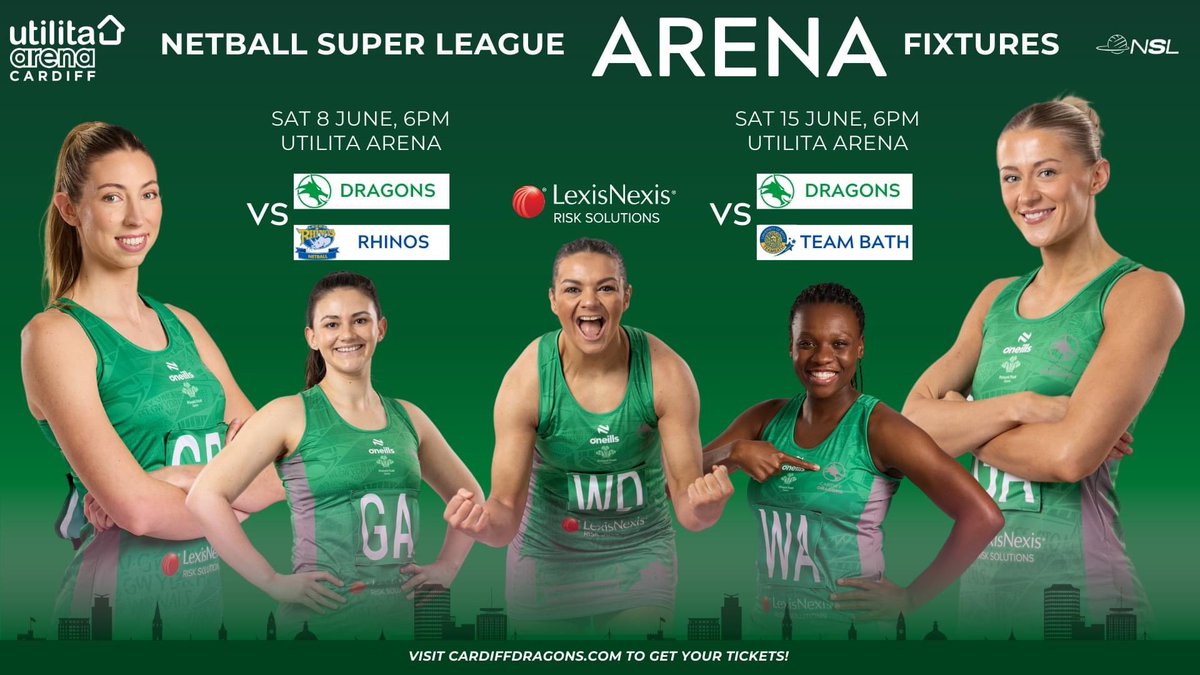 🏐HOT TICKETS 🏐
Cardiff Dragons Netball will make history this summer!
For the first time in franchise history, the Cardiff Dragons will play Netball Super League games in the Utilita Arena. 
📆 Saturday 8 June &amp; Saturday 15 June 2024
🎟️ Tickets via bit.ly/CDCDF24