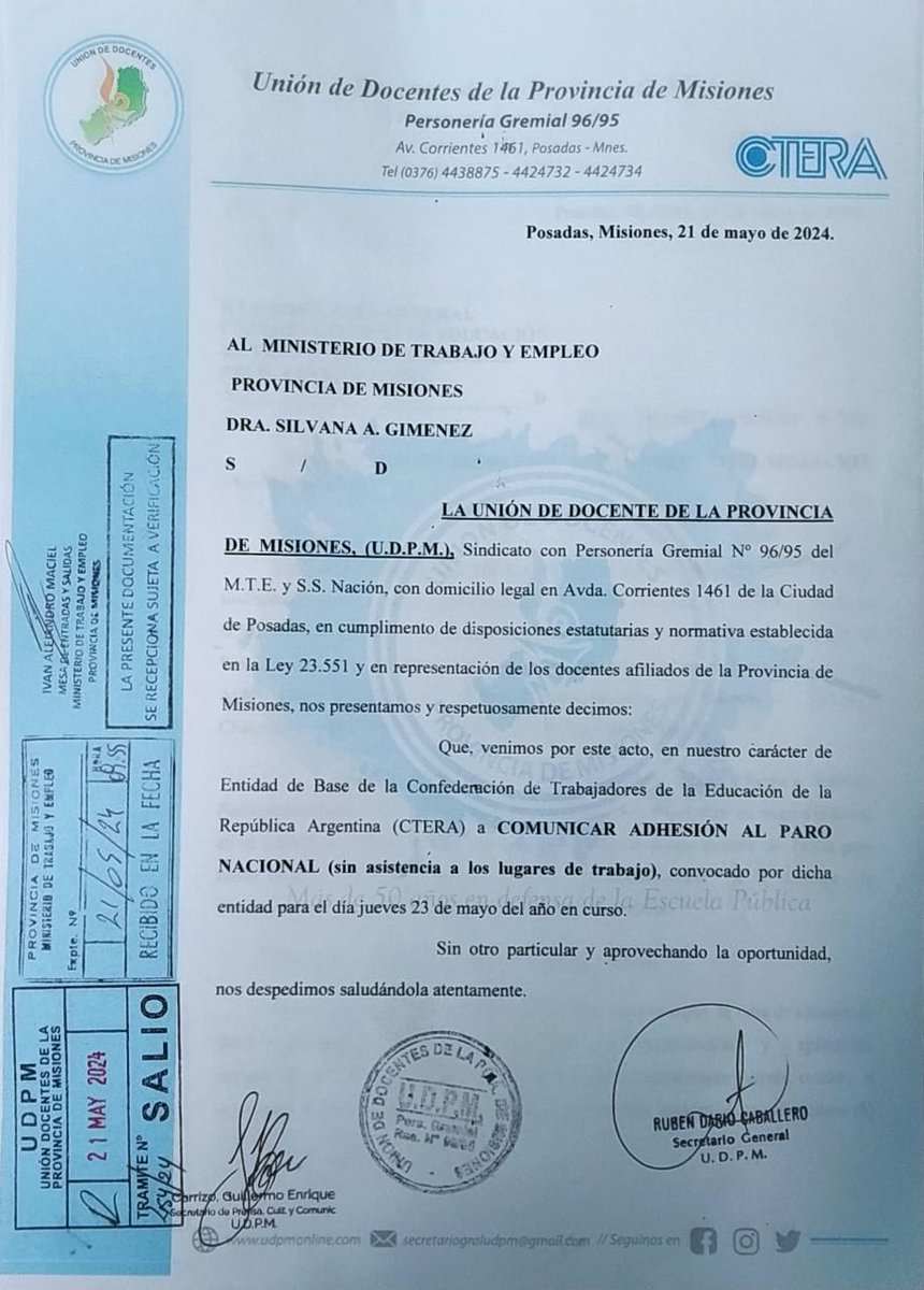 La UDPM adhiere al paro nacional docente convocado por la CTERA.