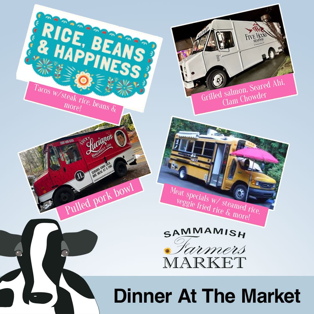 The #SammamishFarmersMarket has dinner at our food court. This week you'll find Rice, Beans & Happiness, Five Hooks Seafood, Lucky Lucianos and @pandadimsumbus with #GlutenFree options. Wednesday, 4-8 PM. #FarmersMarket #SammamishLife #FoodTrucks