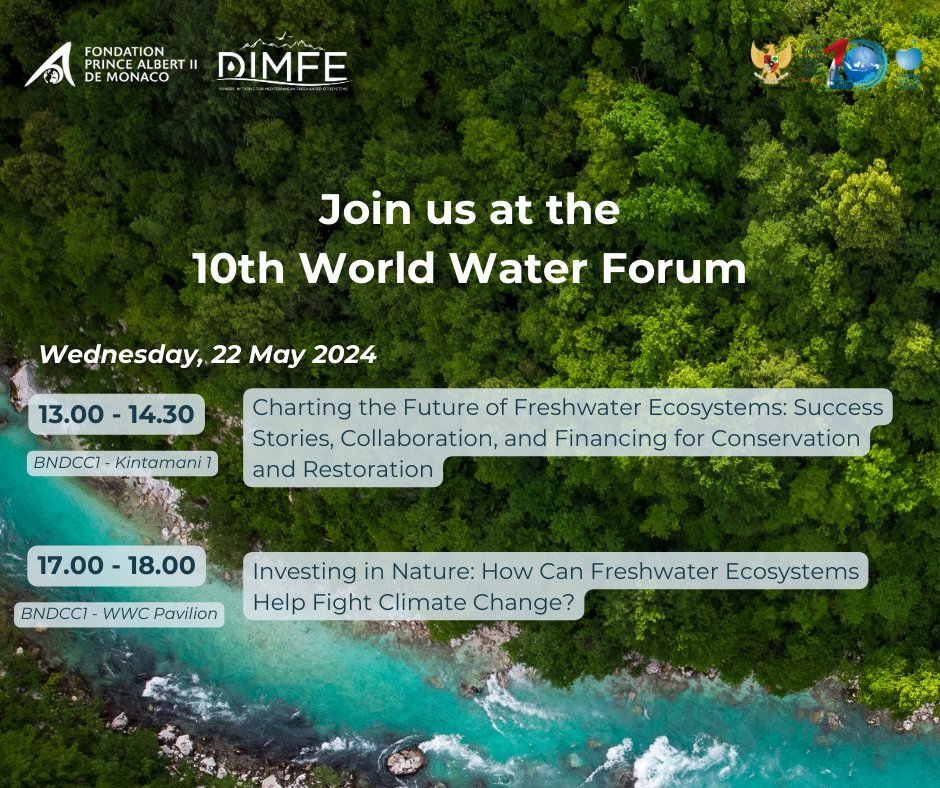 The #DIMFE Initiative is pleased to host 2 engaging side events at the @WWaterForum10 in Bali, Indonesia, aligned with the theme 'Water for Shared Prosperity.' Join us on May 22nd for insightful discussions on freshwater ecosystems and their crucial role in our future.