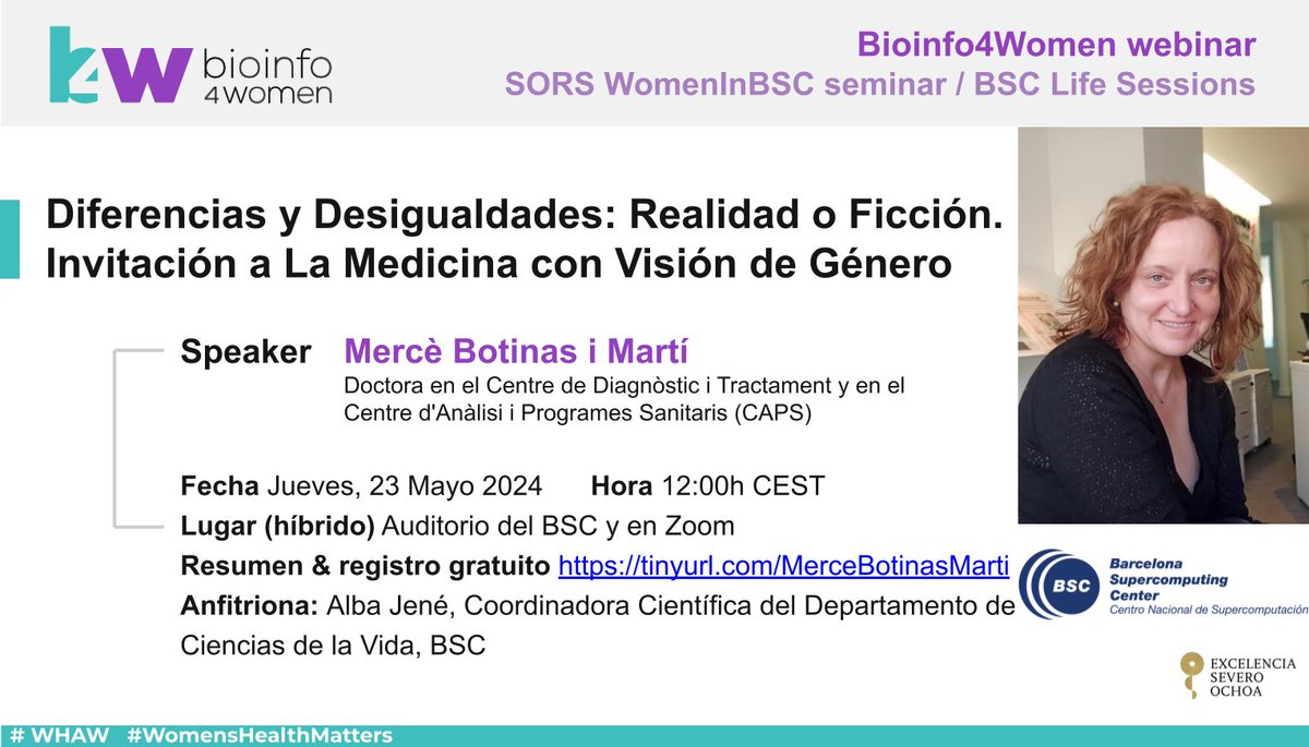 Bioinfo4women's tweet photo. #WomenHealthMatters | Webinar inaugural #WHAW Día Int de Acción por la Salud de las Mujeres

👩‍💻 Mercè Botinas i Martí @Caps_RedCaps 

▶️ Diferencias y Desigualdades: Realidad o Ficción. Invitación a La Medicina con Visión de Género

📌 23 Mayo, 12h CEST
ℹ️ https://t.co/0TqcOhqjUk https://t.co/nDmjonS46G