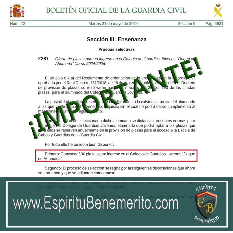 📣Atención📣 Se ha publicado la Convocatoria para el Ingreso al Colegio de Guardias Jóvenes de Valdemoro con 300 plazas para el curso 2024-2025 👮🏻‍♀️💚👮🏻‍♂️💪🏼

#EspirituBenemerito #guardiacivil #ingresogc #oposicionguardiacivil #opositorgc  #objetivobaeza #OpoGC #polillasguardiacivil