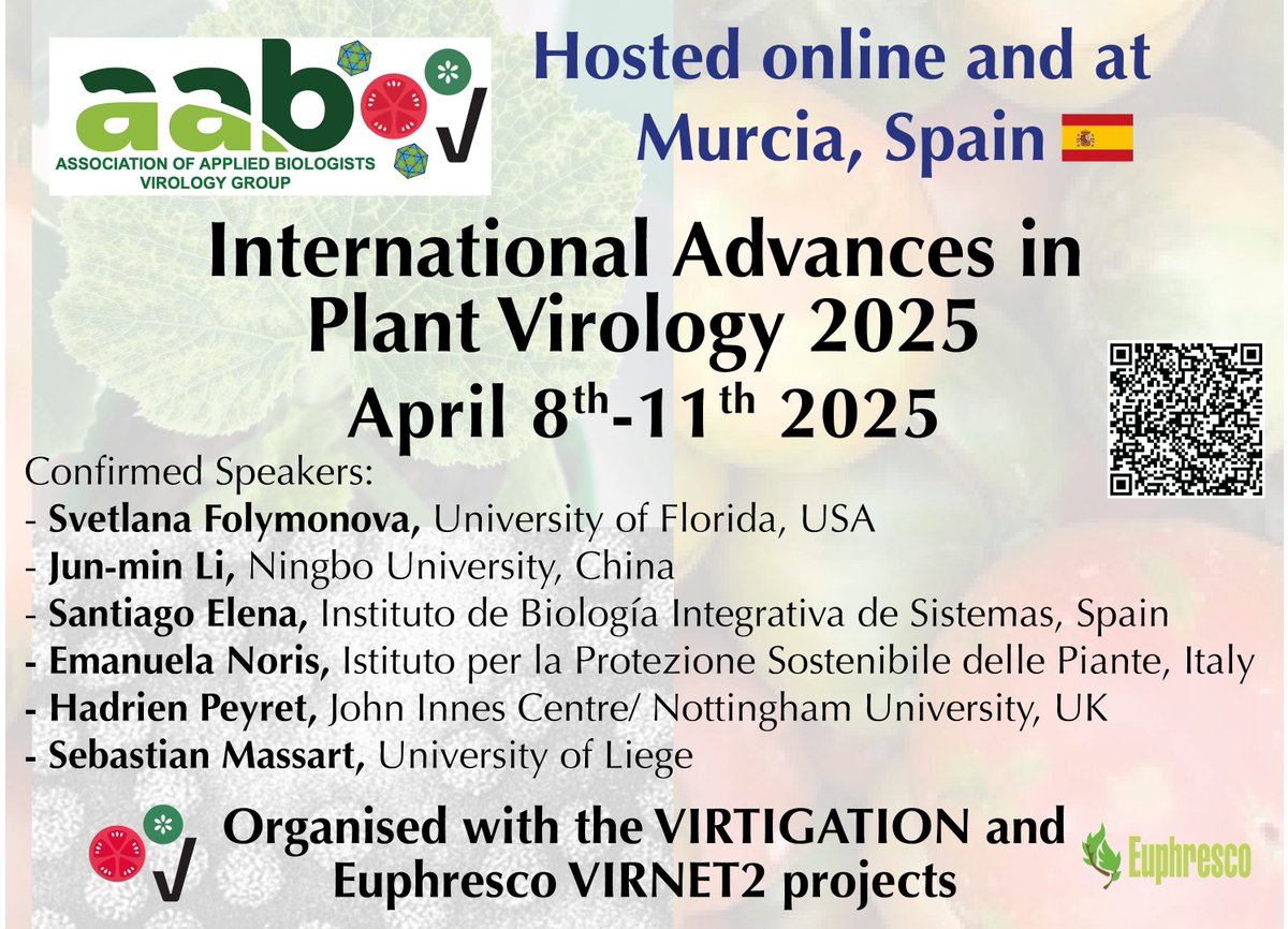 AAB @aabiologists.bsky.social (@aabiologists) on Twitter photo 🚨 SAVE-the-DATE 🚨
International Advances in Plant Virology 2025 (IAPV25)
📅 April 8-11 2025, Murcia 🇪🇸
In collab w <a href="/virtigation/">VIRTIGATION - save tomatoes & cucurbits from virus</a> <a href="/Euphresco/">Euphresco network</a>
🕸️ cvent.me/mNNvzA 🚨 SAVE-the-DATE 🚨
International Advances in Plant Virology 2025 (IAPV25)
📅 April 8-11 2025, Murcia 🇪🇸
In collab w <a href="/virtigation/">VIRTIGATION - save tomatoes & cucurbits from virus</a> <a href="/Euphresco/">Euphresco network</a>
🕸️ cvent.me/mNNvzA