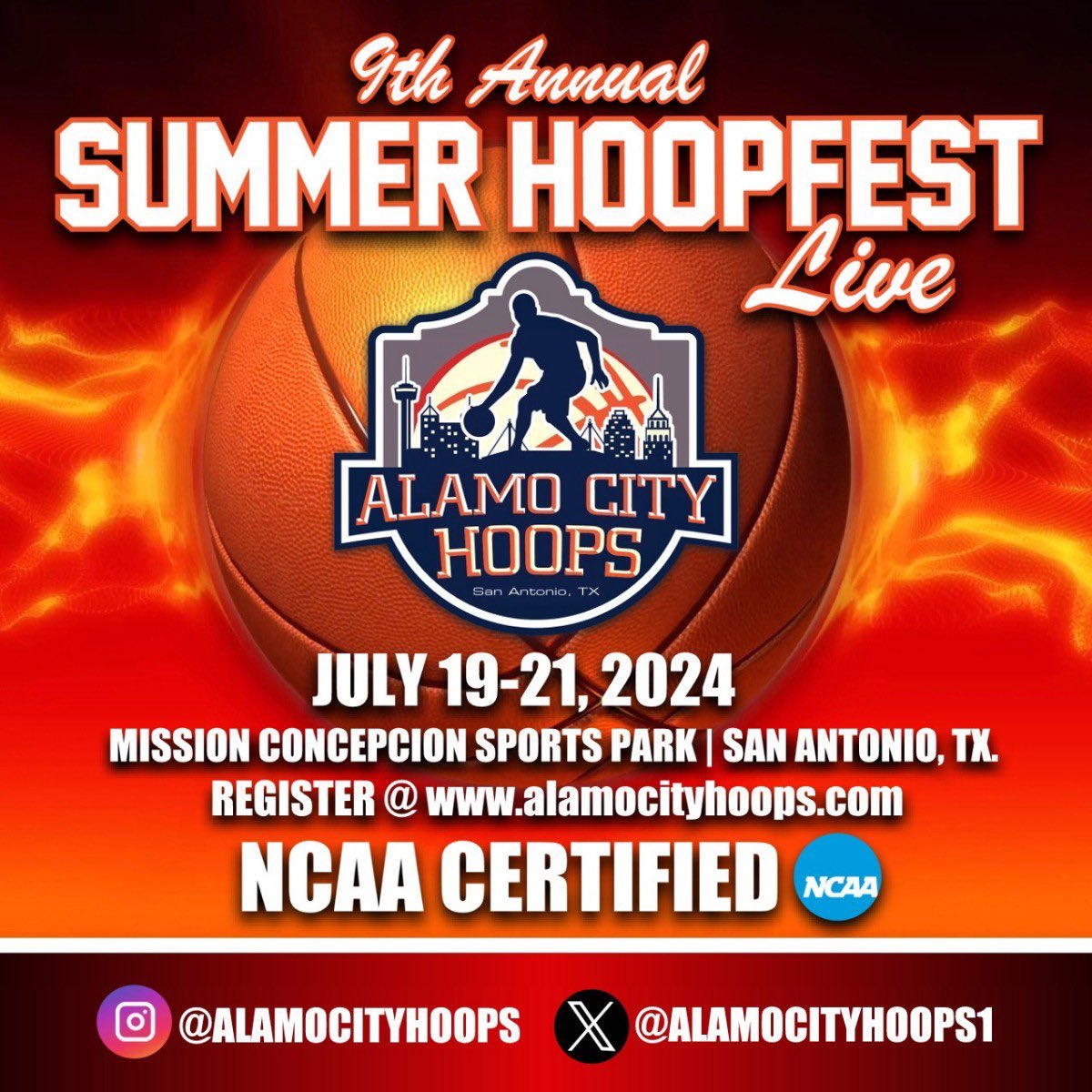 🚨REGISTERATION OPEN🚨

We’re going “LIVE” in July🔥
9th Annual Summer Hoopsfest is back!

*NCAA Approved*

🏀Our #OG event
📆 July 19-21
📍SAT, TX
💻 AlamoCityHoops.com

Be sure to register! contact us or reach out for further questions. 🏀 <a href="/Jewlzonthemic/">Jewlz💎</a>  <a href="/CoachPinchback/">Steven J Pinchback</a>