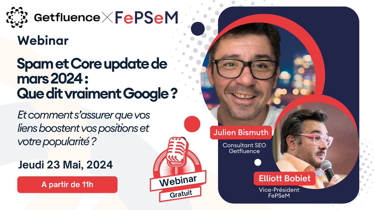 Vous êtes Responsable SEO pour une marque, Consultant SEO en agence, Freelance, ou Responsable éditorial de websites ? Si la réponse est oui, alors ce webinar est fait pour vous ! 🚀

Inscrivez-vous dès maintenant pour réserver votre place ! fepsem.org/webinar-getflu…