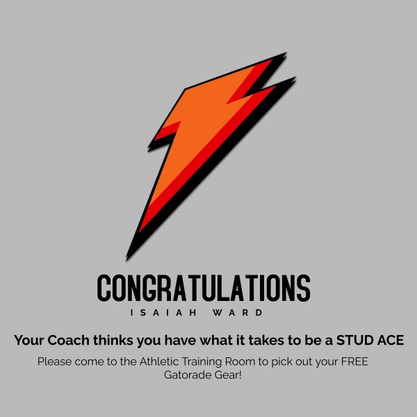 Congratulations Isaiah for being selected by your coach as a STUD ACE representative! You have been an amazing student, athlete, and teammate!!