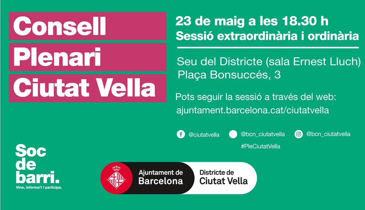 🗣️ Dijous celebrem una sessió extraordinària i una ordinaria del #PleCiutatVella! ✍️ Dimecres les 18.30 h s'acaba el termini per registrar intervencions i preguntes. Emissió en directe 📲 via.bcn/YfGK50ROAYt Tota la informació 👉via.bcn/boHW50ROB04