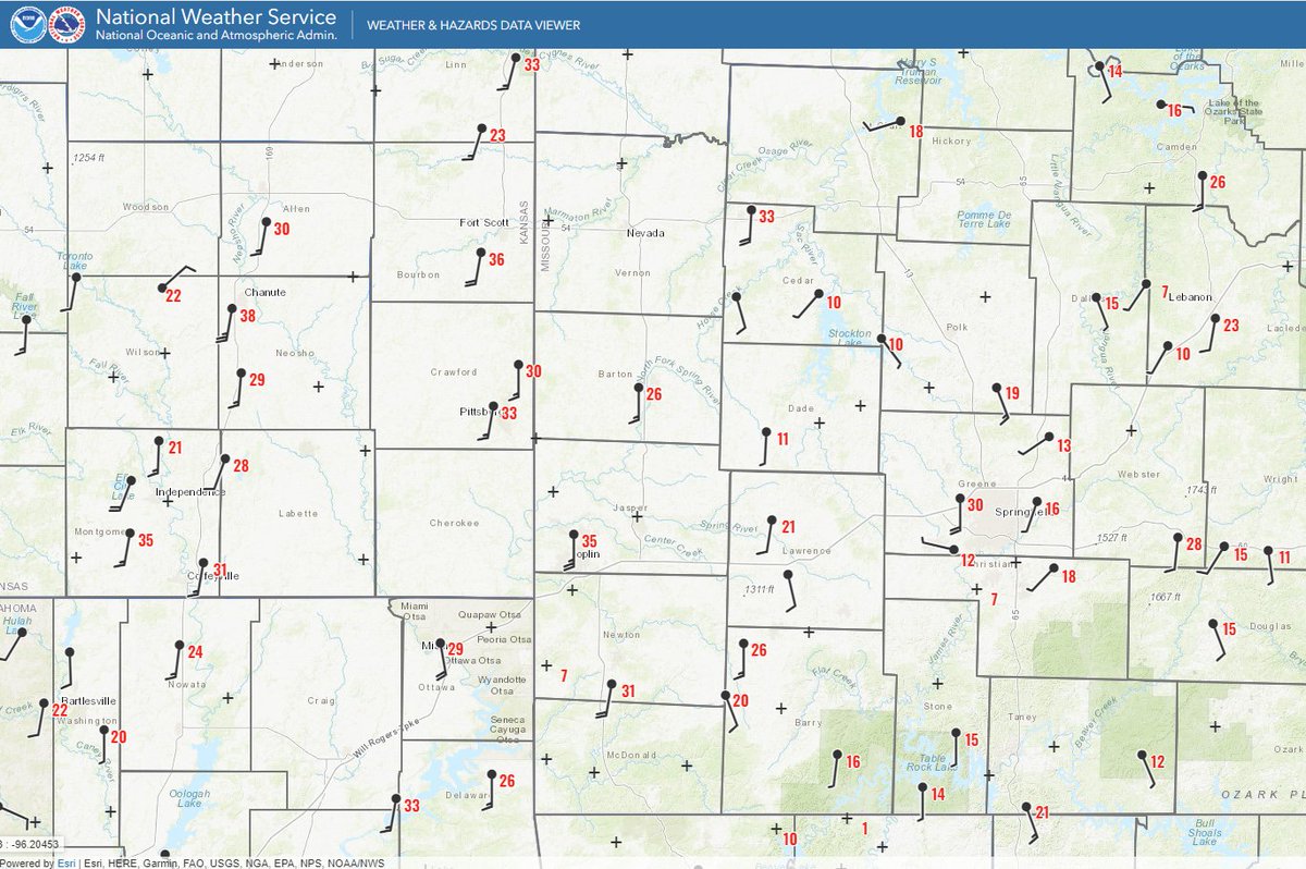 [5/21 10 AM]: With the focus today rightfully on the severe risk this afternoon, also want to draw attention to gusty winds to around 40 mph ahead of these storms. Current observations show these gusts already occurring over eastern KS, SW MO, & NE OK. #kswx #mowx