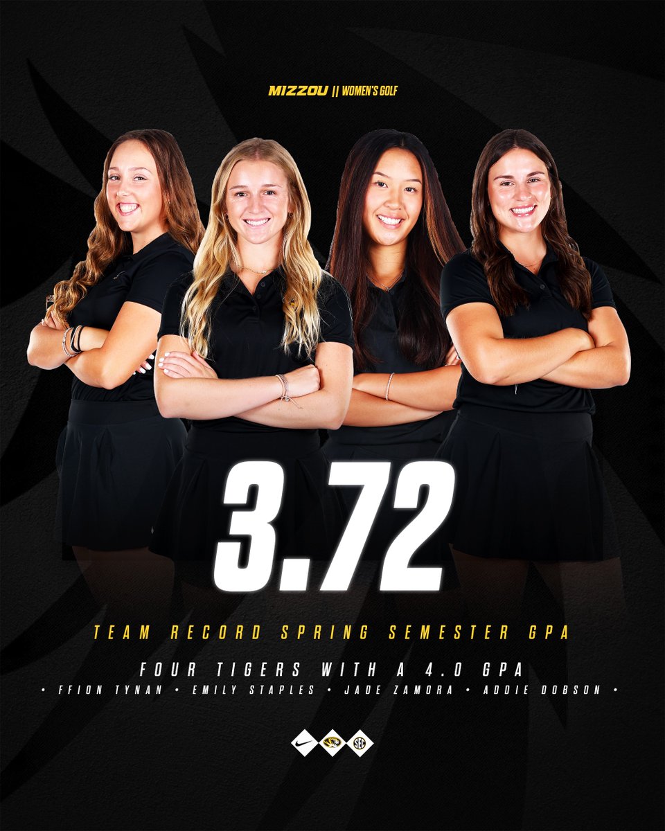 Setting records in the classroom 📚👩‍🎓
▪️ 3.72 semester GPA – highest in team history
▪️ Four with a perfect 4.0 GPA

#MIZ 🐯⛳️