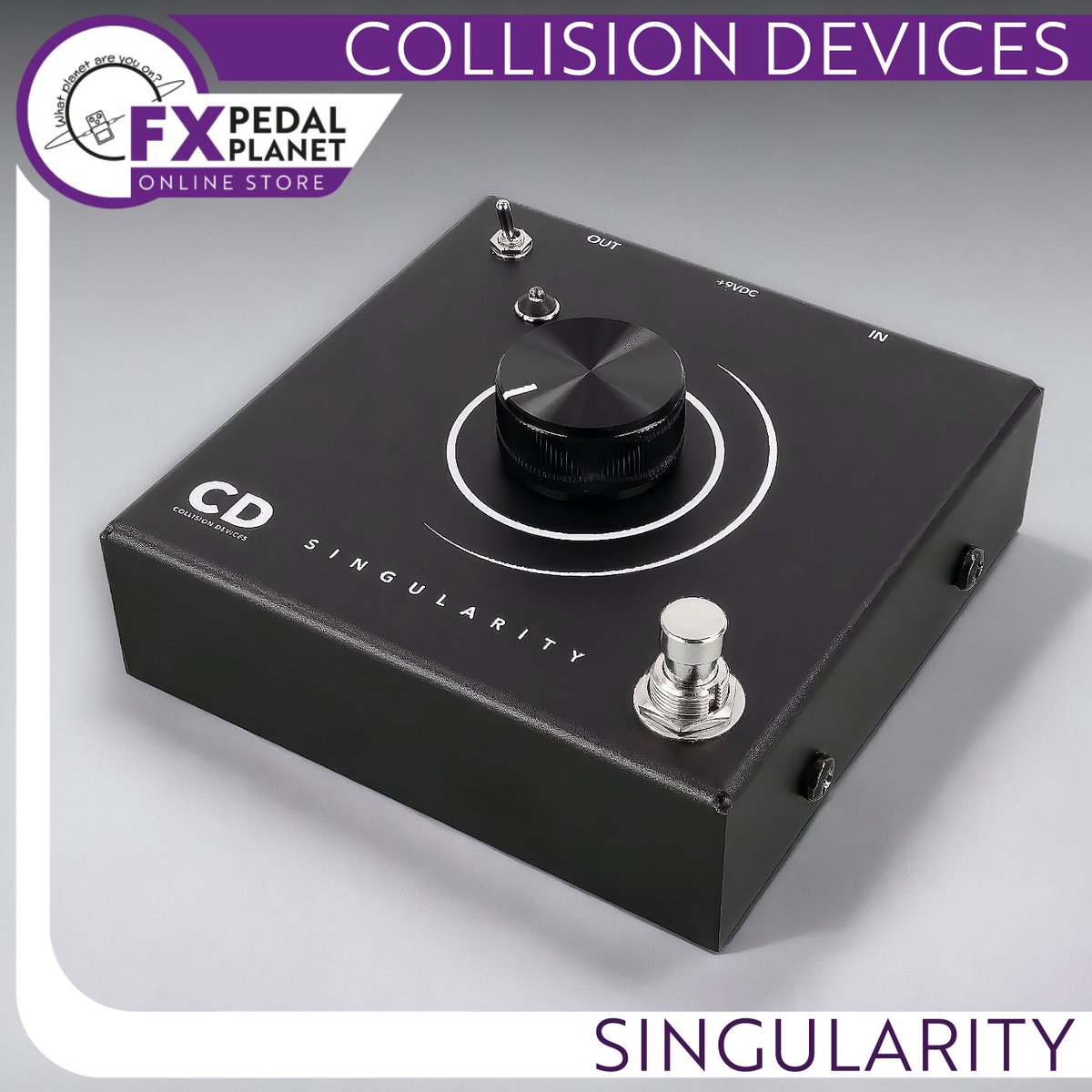 🌟🌟 NEW ARRIVAL 🌟🌟 The Collision Devices Singularity One Knob Fuzz pushes your instrument's signal to its limits, capturing black hole intensity. Ideal for guitar, bass, and synth, it has a single fuzz volume knob and a three-position low pass filter switch.