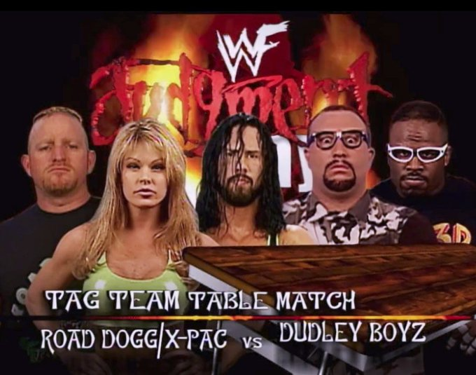 wrestle_hist's tweet photo. 5/21/2000
Road Dogg & X-Pac defeated The Dudley Boyz in a Tables Match at Judgement Day from Freedom Hall in Louisville, Kentucky.
#WWF #WWE #JudgementDay #RoadDogg #XPac #Tori #DX #DGenerationX #TheDudleyBoyz #BubbaRayDudley #DVonDudley #TablesMatch https://t.co/ZttOQtHvv5