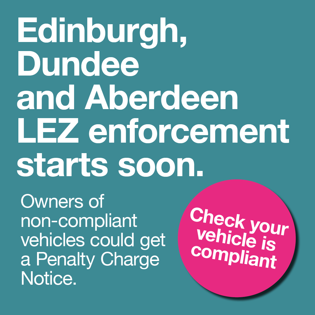 A reminder that Dundee’s Low Emission Zone (LEZ) comes into effect on Thursday 30 May 2024. Edinburgh and Aberdeen’s LEZs come into effect on Saturday 1 June 2024. Find out more, check if your vehicle meets the requirements and learn about exemptions: lowemissionzones.scot