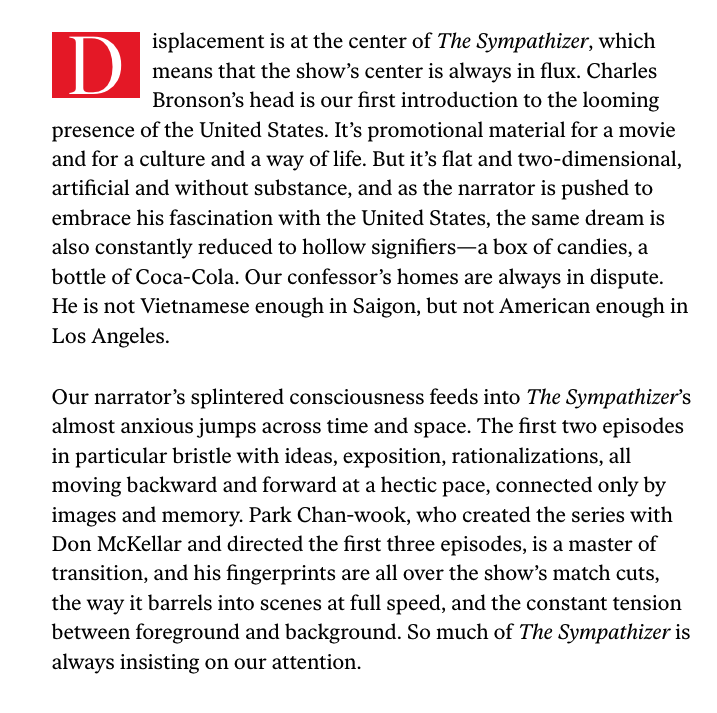 I wrote about the frenetic reach of HBO's The Sympathizer for @thenation -- a deeply unique show that's ultimately about migration,  juxtaposition, and the loss of home. Park Chan-wook really cooks in the first few episodes.