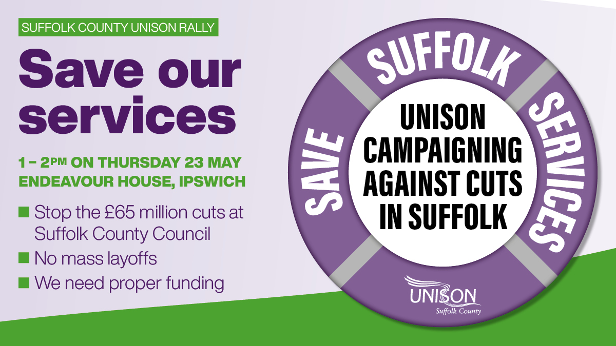 🛑 Stop the cuts!

Join the <a href="/unisontheunion/">UNISON - UK's largest union</a> rally to #SaveSuffolkServices

⏰1pm on Thursday
📌Endeavour House Suffolk