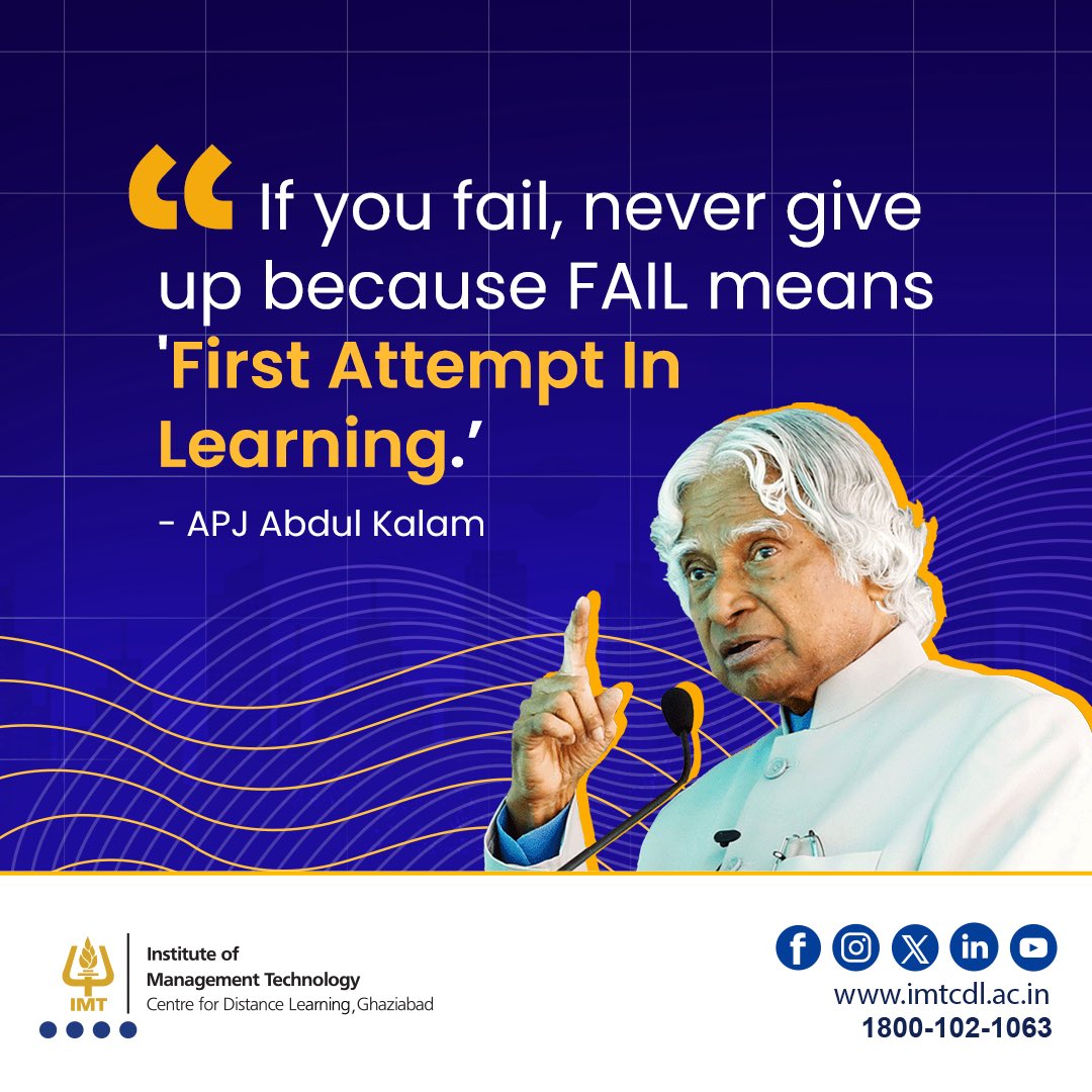 Remember, FAIL stands for 'First Attempt In Learning.' Keep pushing forward and never give up!
#Inspiration #NeverGiveUp #APJAbdulKalam #tuesday #tuesdaymotivation #tuesdayquotes
.
#IMTCDL #LearningJourney #UnleashYourPotential #PGDM #distancelearning #MBA #onlineMBA #ODL #AICTE