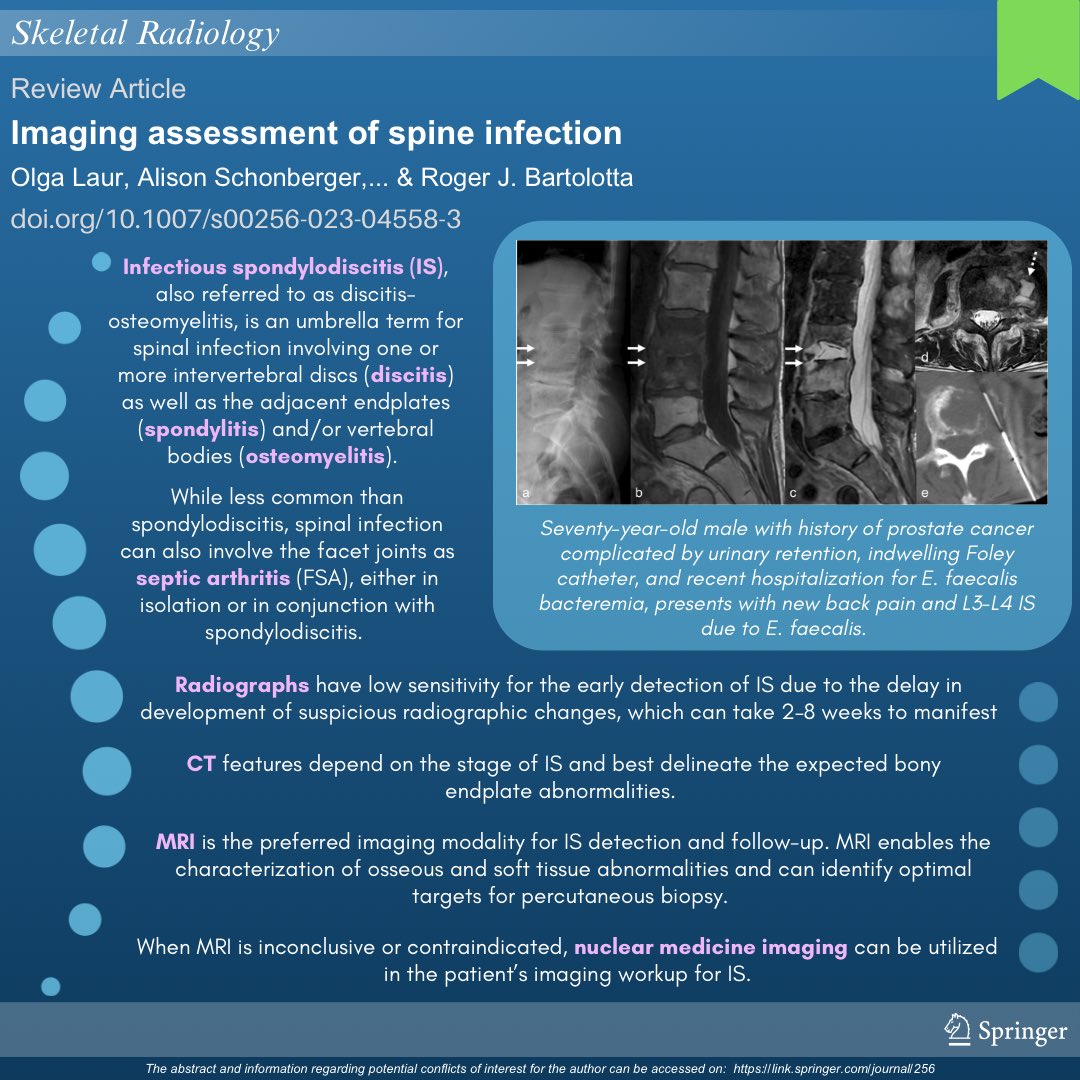 Check out this infographic:

🟢 Imaging assessment of spine infection | rdcu.be/dE85N

#SkeletalRadiology #orthopedics #radres #MSKrad #orthotwitter