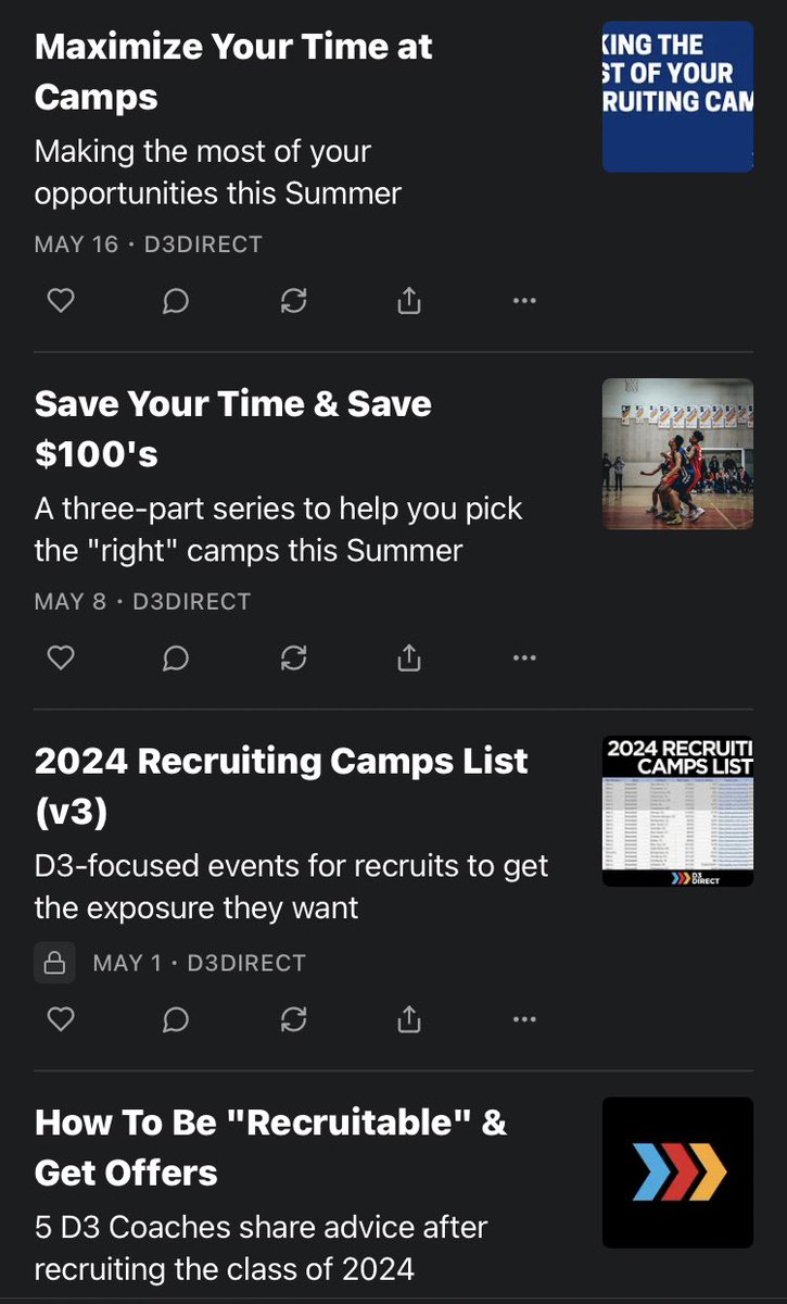 Recent D3Direct newsletter posts 👀 What should we cover next? - Recruiting tips - College admissions info - Financial aid hacks - Interviews w/ former D3 athletes - Something else? *Newsletter link in bio*