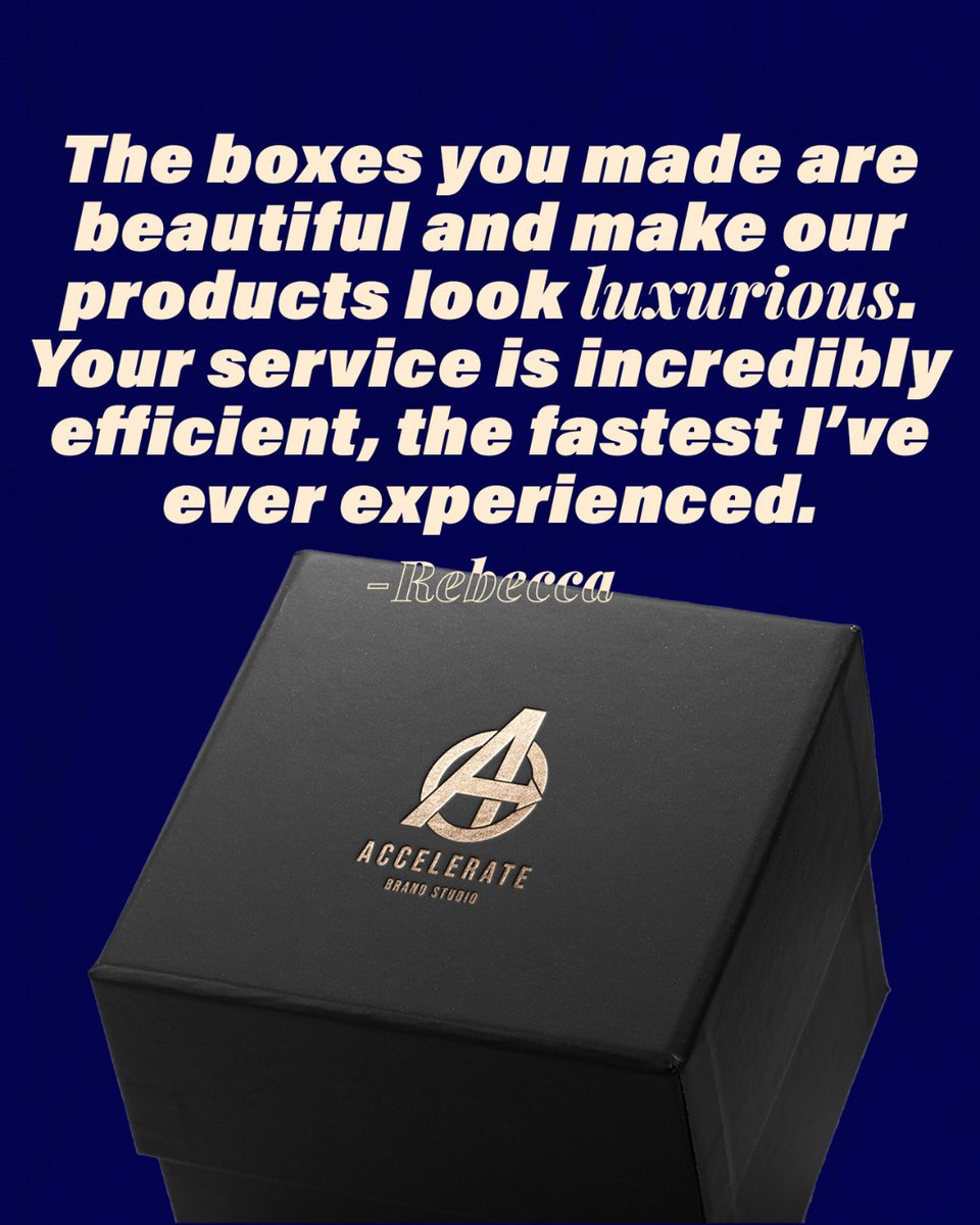 We love the kind words our clients have shared about our service, so thank you too 😁! Throw a project at us so we can hear some more kind words😂✨!
#AccelerateBrandStudio #TestimonialTuesday #CustomBranding #CustomBoxes #Luxury