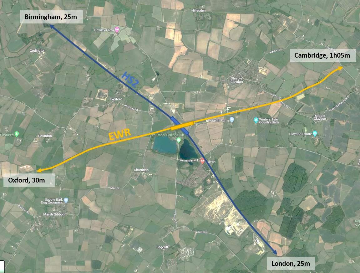 As Labour looks for new town sites, and how to make HS2 work, might I suggest Calvert, where HS2 and EWR cross? 5km radius population is only 7,000. Land rated poor for farming. Huge transport capacity. You could fit a city the sized of Rennes (250k) here. @s8mb, as discussed!