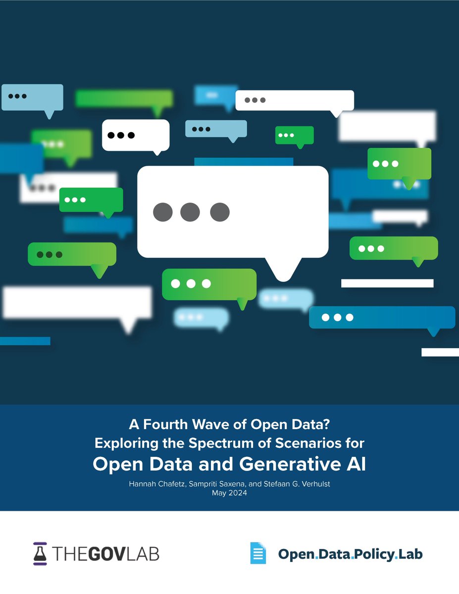 A 🆕 report on the fourth wave of #OpenData is out now! Explore the spectrum of scenarios for open data and generative AI in this insightful report by @sverhulst + Hannah Chafetz from @TheGovLab 💡 Learn more here 👉 bit.ly/3KcfsFQ