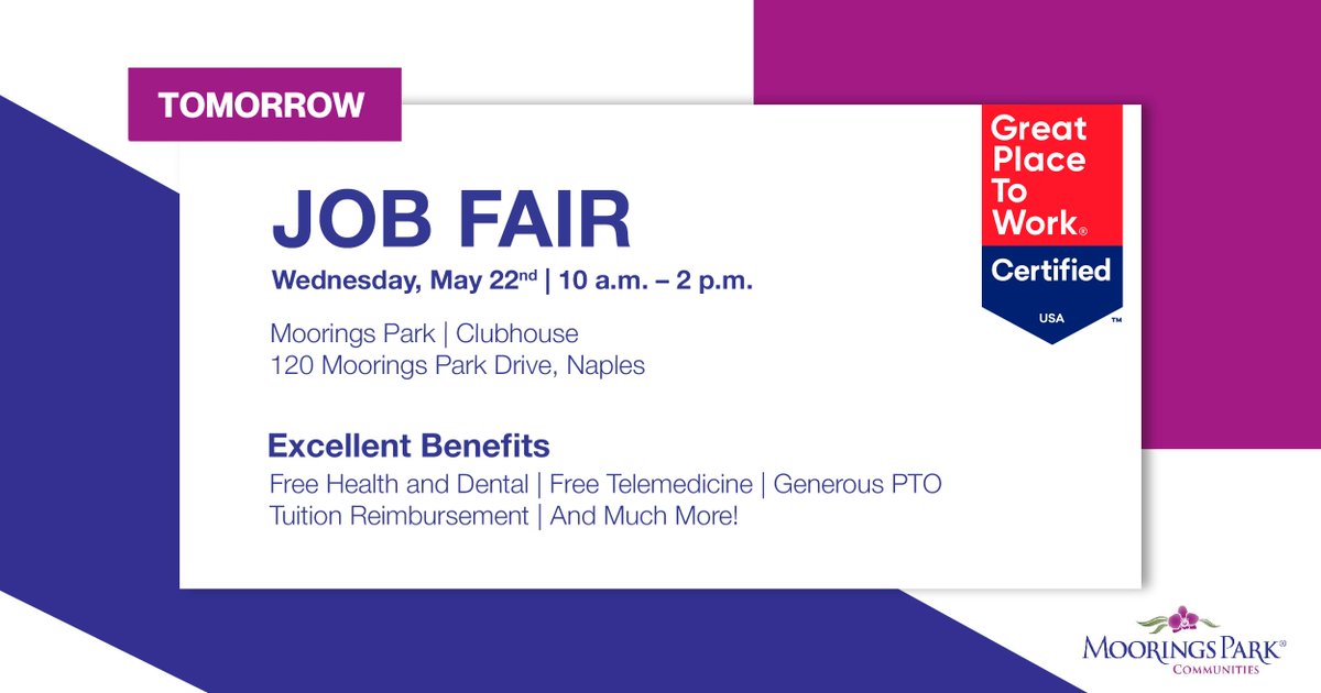 Join us for a job fair TOMORROW from 10:00 a.m. – 2:00 p.m. to learn about the career opportunities available at each Moorings Park community!

Visit our Careers Page for more information: hubs.la/Q02vc27l0

#JobFair #GreatPlaceToWork #Jobs #Career #ApplyToday