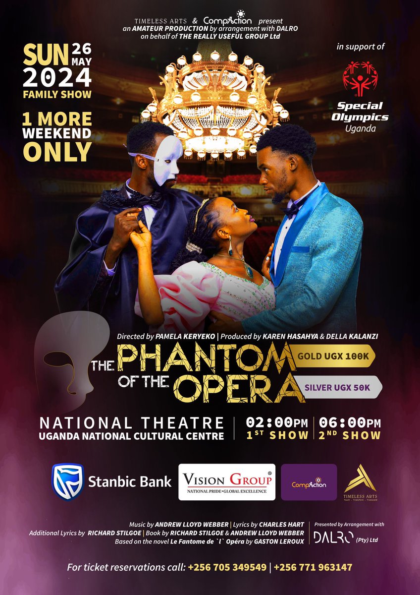 This Sunday is your final opportunity to see The Phantom of the Opera at the National Theatre! Brought to you by <a href="/stanbicug/">Stanbic Bank Uganda</a> and <a href="/VisionGroup/">Vision Group</a>
Gather your loved ones and book your tickets today!

#PhantomOfTheOpera
#POTOWorldwide
#POTOUganda
#TimelessArts
#CompAction