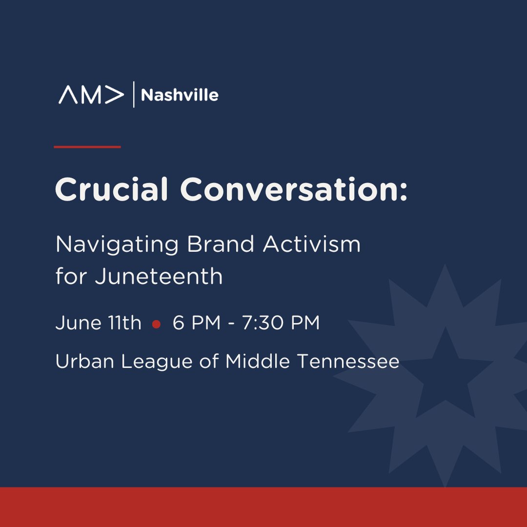 Join us for an epic panel discussion with marketing leaders, Diversity and Inclusion experts, and cultural commentators to unpack the challenges and opportunities surrounding brand involvement in #Juneteenth.

RSVP Now: bit.ly/4dPnCSi

#AMANashville  #NashvilleMarketing