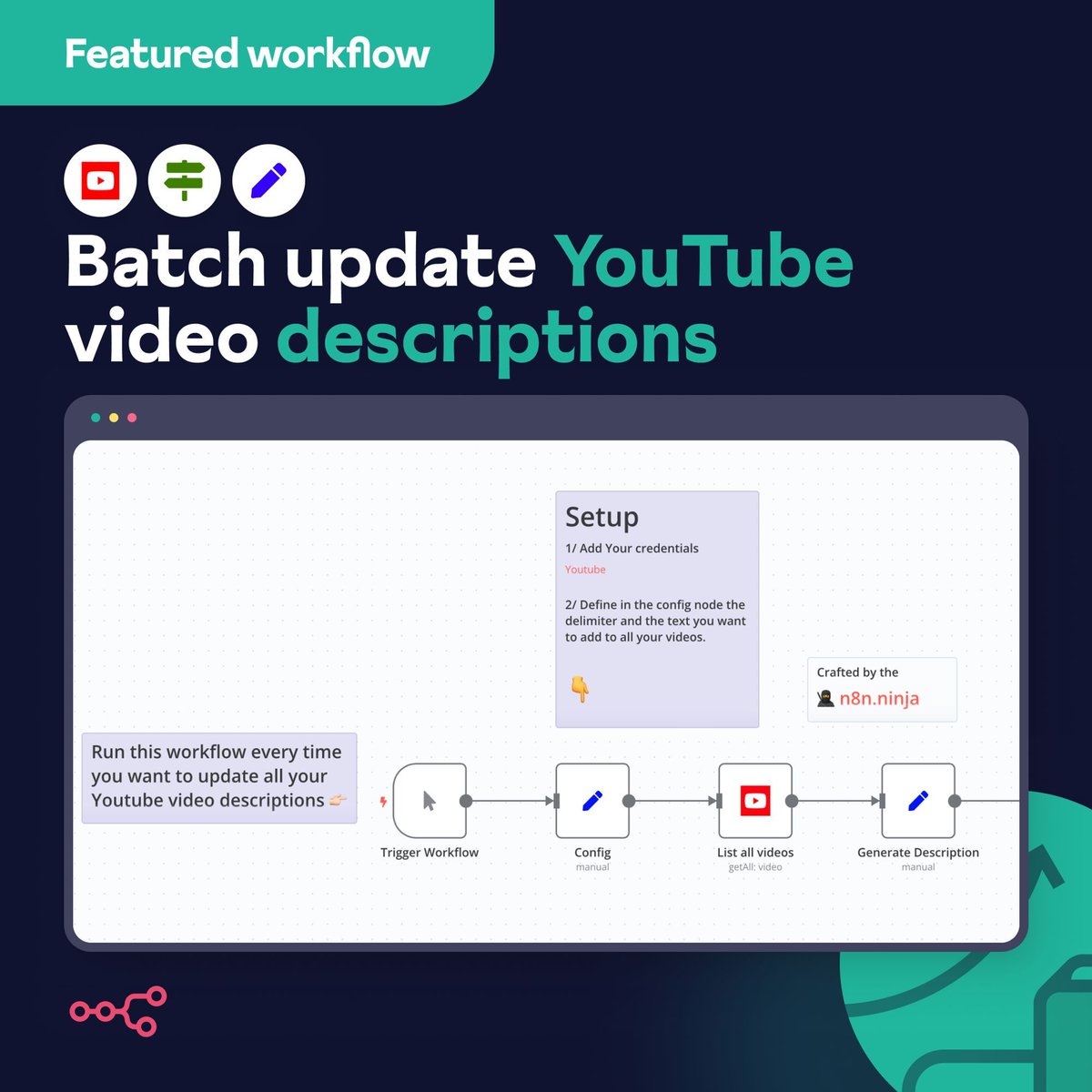 Featured Workflow: Batch update YouTube video descriptions in one click This workflow by @n8n_ninja allows you to add an identifier to your YouTube descriptions that can be effortlessly updated to keep your entire channel up to date. buff.ly/3ytx8tU