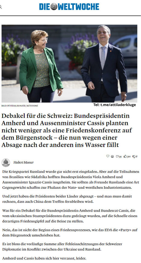 Das 'Friedenskonferenz' auf dem Bürgenstock wird zum totalen Fiasko für die zwei Bundesrats-Chasperli Viola 'zurück an den Herd' Amherd und Ignazio Cassis, den Erfinder der kooperativen Neutralität!

Was für ein Trauerspiel! Wo bleiben die Konsequenzen? So kann es doch nicht