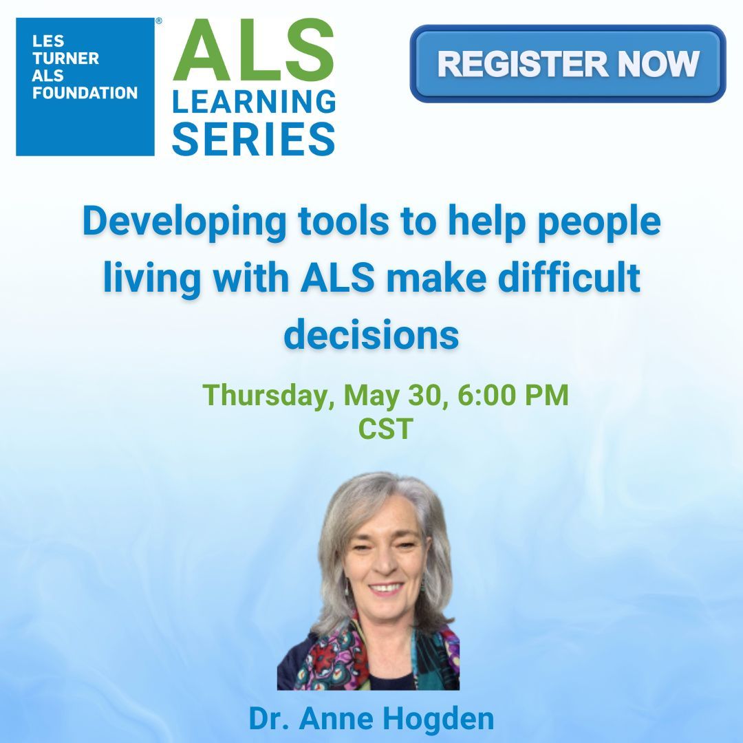 You don't want to miss out on this month's webinar with Dr. Anne Hogden. She'll discuss how she and other researchers have developed online, interactive, support tools to help people living with ALS make informed decisions about their future care needs. buff.ly/4e04qkO