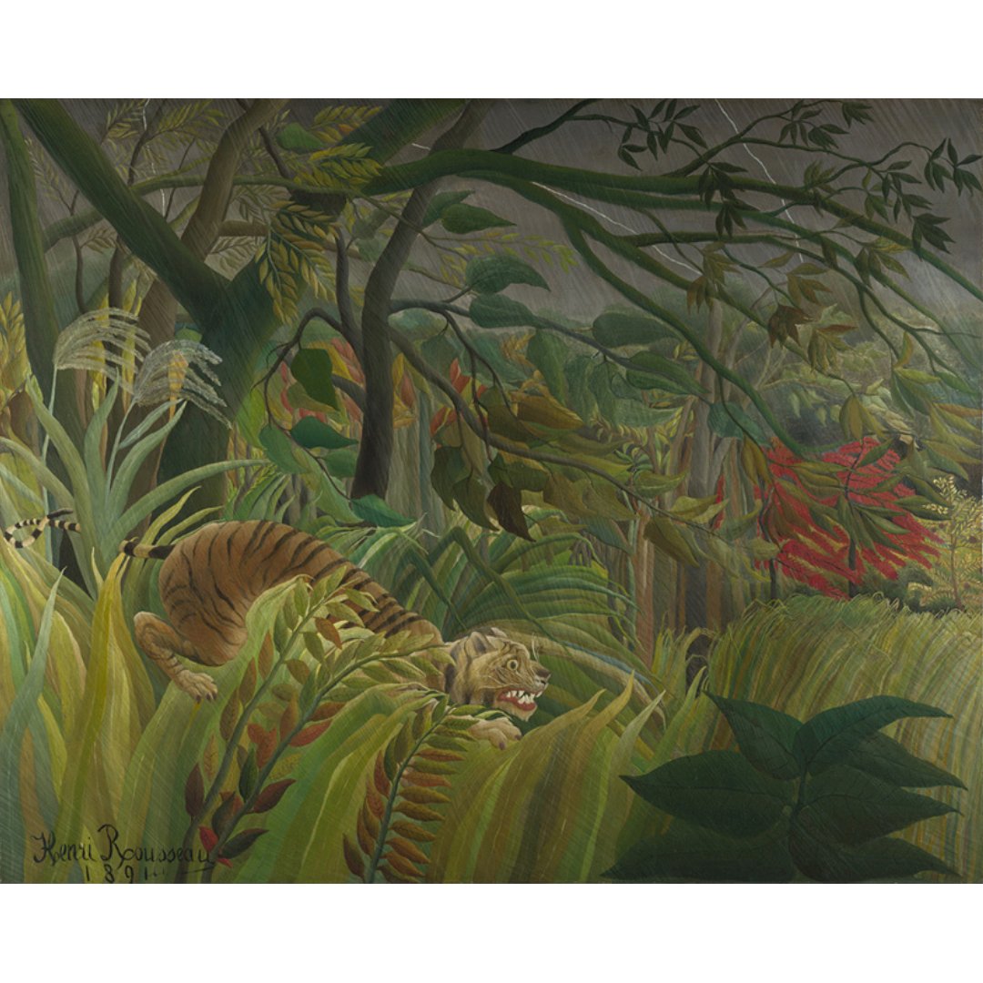 Today we're celebrating Henri Rousseau, born #OnThisDay in 1844. Explore his work in our primary #ArtAndDesign resource, 'Surprised by a tiger' 🐯 . 👉ow.ly/vzHj50REhjk Surprised!' by Henri Rousseau (1844-1910) 📸 @NationalGallery @artukdotorg @FreelandsF