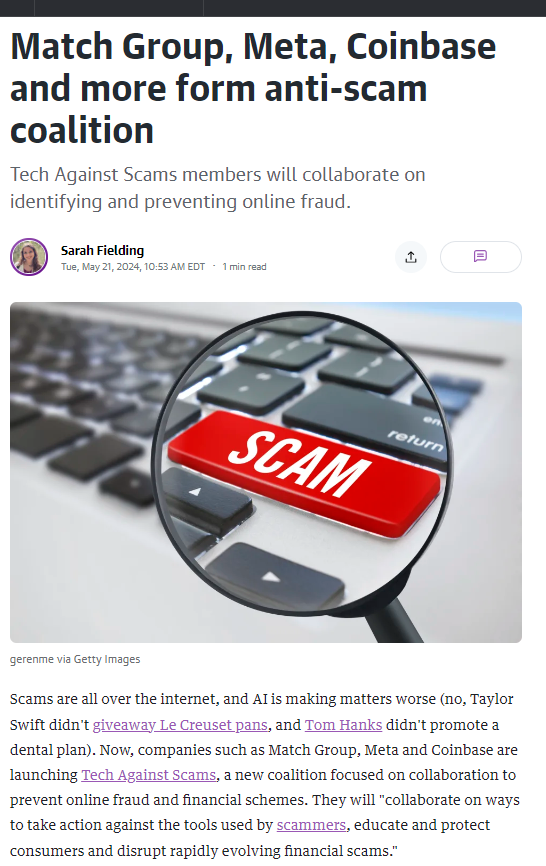 I've seen some assert that Match Group should satisfy some duty of care to stop scamming. I would hazard a guess that this will not be satisfying. Stopping scams is a cat-and-mouse game. engadget.com/match-group-me…