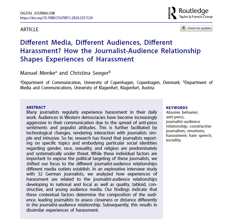 Digital Journalism (@djeditorialteam) on Twitter photo ONLINE FIRST! In this study based on qualitative in-depth interviews with German journalists, <a href="/ManuelMenke/">Manuel Menke</a> and <a href="/grissib/">Christina Seeger</a> find that journalists' harassment experiences vary by media type and audience relationship, influenced by contextual factors.
➡️tandfonline.com/doi/full/10.10… ONLINE FIRST! In this study based on qualitative in-depth interviews with German journalists, <a href="/ManuelMenke/">Manuel Menke</a> and <a href="/grissib/">Christina Seeger</a> find that journalists' harassment experiences vary by media type and audience relationship, influenced by contextual factors.
➡️tandfonline.com/doi/full/10.10…