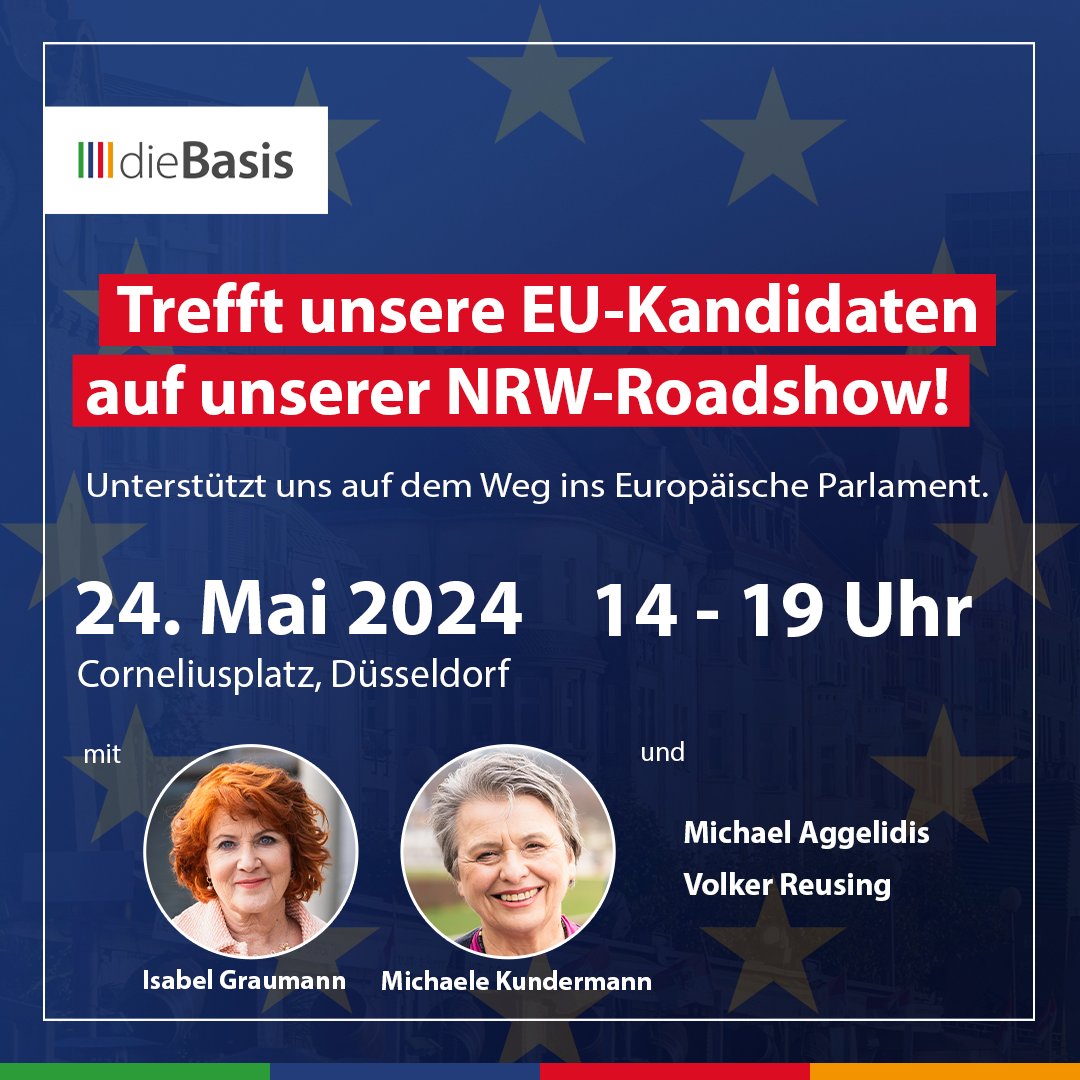 dieBasis Roadshow kommt nach Düsseldorf Am 24. Mai besuchen unsere Kandidatinnen Isabel Graumann und Michaele Kundermann unsere Landeshauptstadt. Ab 14 Uhr stellen sie sich auf dem Corneliusplatz den Fragen des Publikums. Kommt vorbei! ❗️Europawahl am 09. Juni 2024❗️ dieBasis: