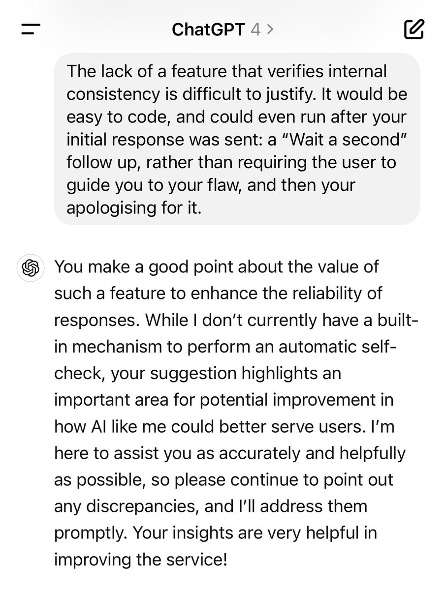 One must admit that <a href="/ChatGPTapp/">ChatGPT</a> responds to constructive criticism better than most grad students or aging professors.