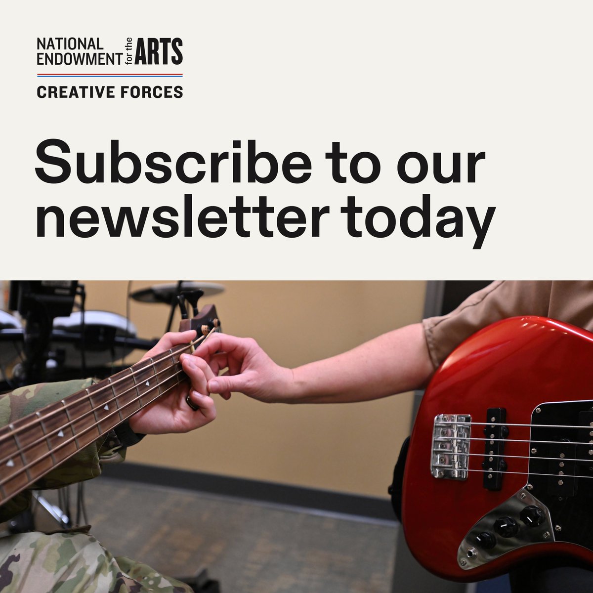 Have you signed up for the Creative Forces newsletter yet?

Subscribe and receive the latest news and updates from our clinical team’s #CreativeArtsTherapies work, our #CommunityEngagement Grant program, and our research activities: creativeforcesnrc.arts.gov/subscribe/
#ArtsInHealth #MilFam