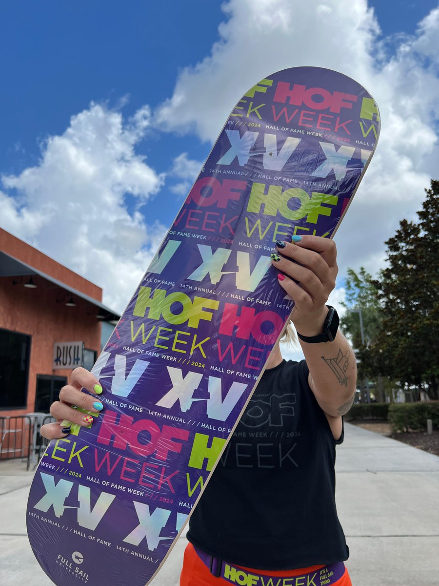 Win this skate deck today at 11:30 AM during #FullSailHOF 
How? Come by the social media prize table (next to the Dream Machine on the backlot) and play the daily game. The Winner gets this skate deck ✈️🧡
