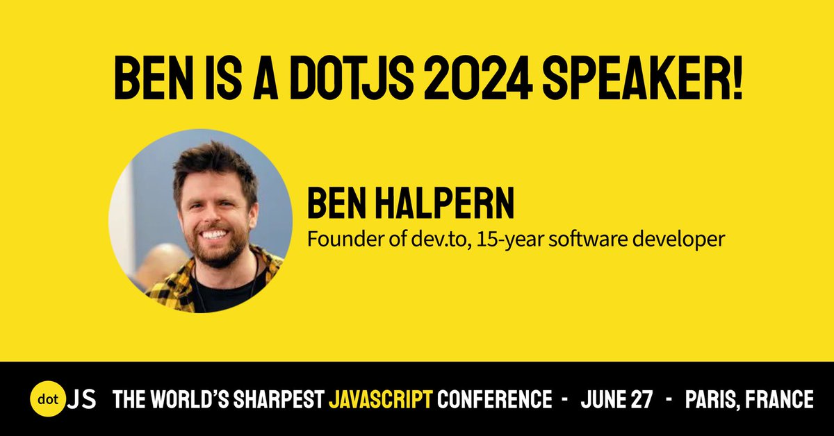 📣Focus on our #dotJS speakers!  

🤩We're delighted to welcome @bendhalpern on June 27 at the Folies Bergère theater in Paris 🎭

🔎 Ben has been working in the tech industry since 2011. He started his own company, Ben's Web, then joined onehackmind as the User Acquisition Lead,