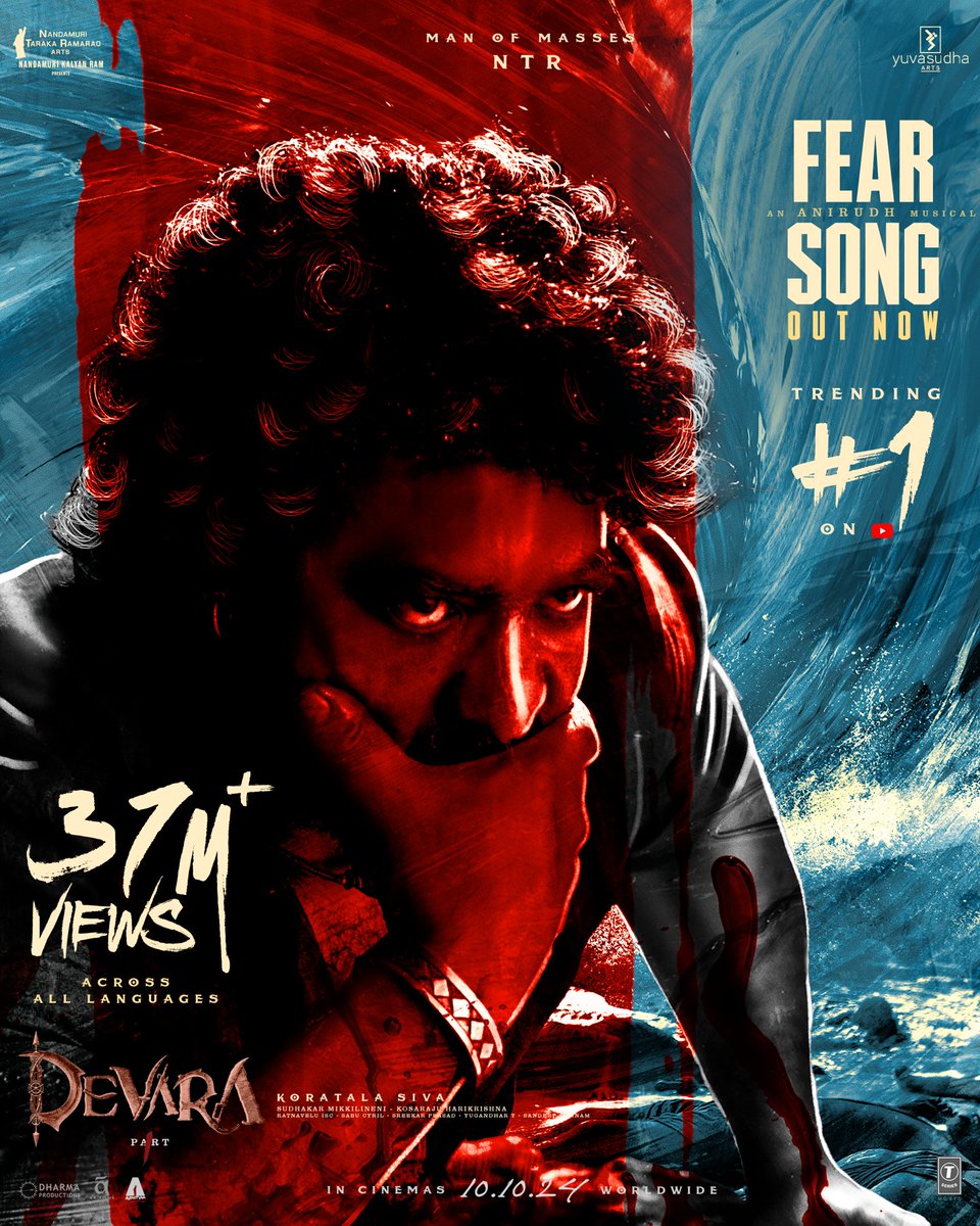 The Masses were enthralled 🔥🔥 Man of Masses @Tarak9999’s #FEARSong has intensified its waves to 𝟑𝟕 𝐌𝐢𝐥𝐥𝐢𝐨𝐧+ 𝐕𝐢𝐞𝐰𝐬 𝐚𝐧𝐝 𝐓𝐫𝐞𝐧𝐝𝐢𝐧𝐠 #𝟏 on YouTube 💥💥 ▶️ - youtube.com/watch?v=CKpbdC… An @anirudhofficial Musical 🎶 #Devara #KoratalaSiva @YuvasudhaArts