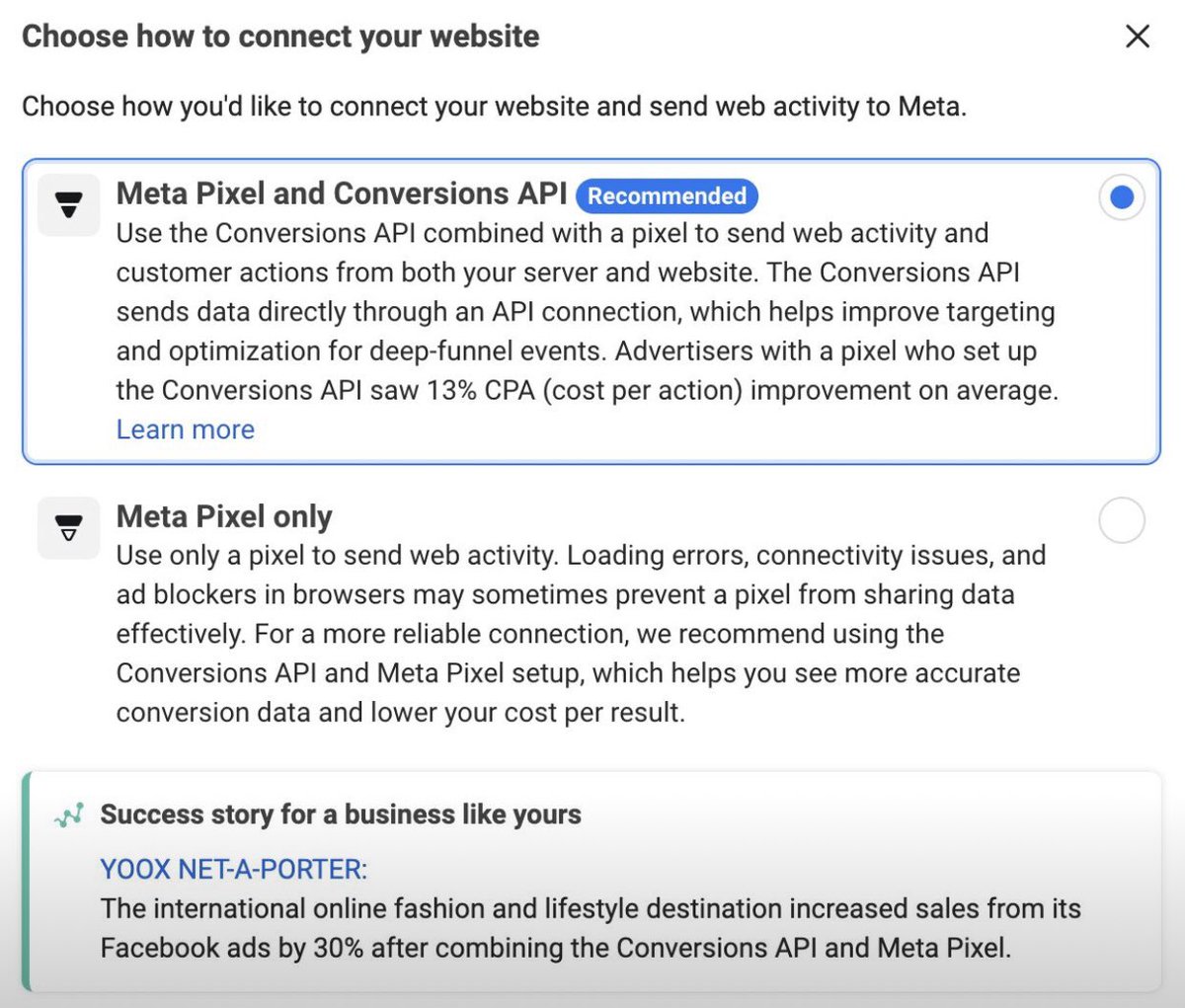 Meta uses success story testimonials in Events Manager for us to combine Meta Pixel and CAPI.

#metaads #facebookads #performancemarketing