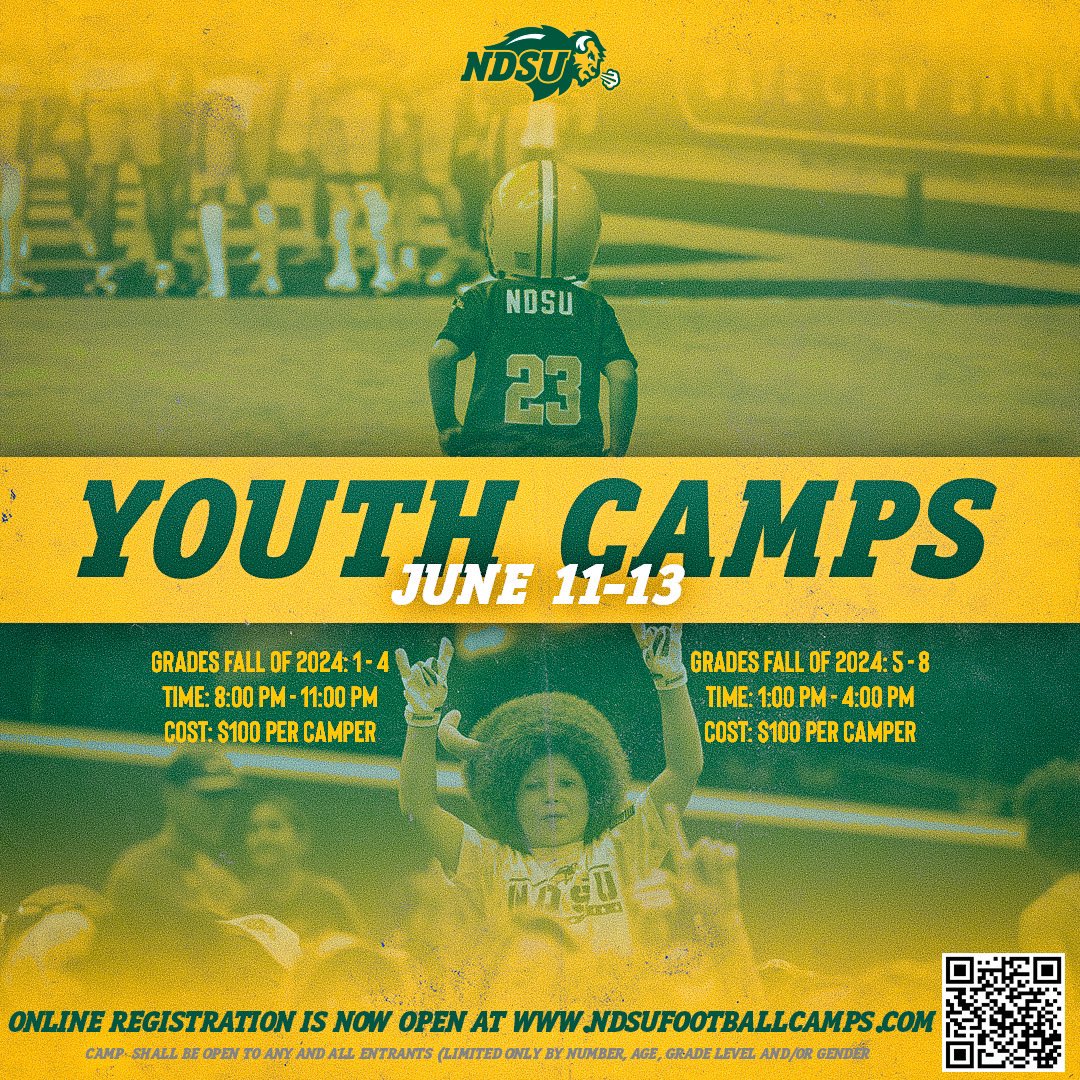 There is still time to get signed up for our youth camp. Get coached up on the FUNdamentals by the Bison players! ndsufootballcamps.com/youth__camps.c…