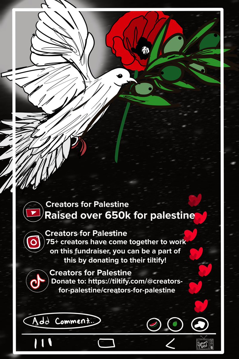 CREATORS FOR PALESTINE IS STILL RAISING MONEY! though Im not a creator in this fundraiser, Id still like to use my platform as a palestinian directly affected by the genocide to amplify this cause! Ive created this poster to urge you all to support this initiative!