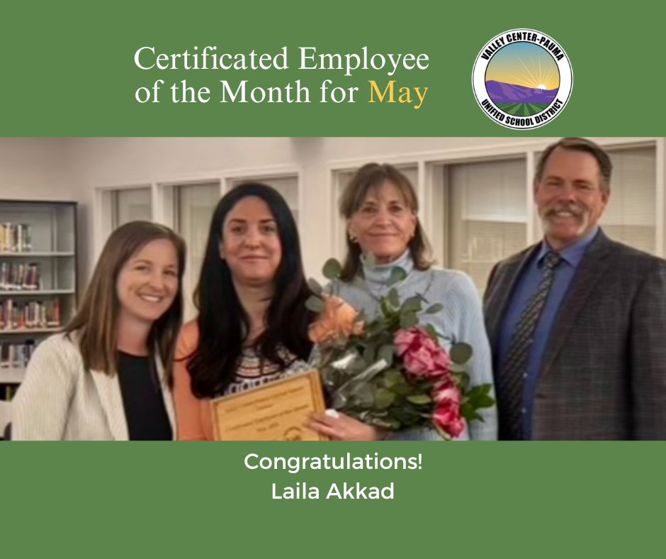 Congratulations to Laila Akkad for being named Certificated Employee of the Month for May!

vcpusd.org

#ValleyCenterPaumaUnified #VCPUSD #ValleyCenter #Pauma #PaumaValley #ValleyCenterSchools #PaumaValleySchools #SanDiegoCountySchools #California #CaliforniaSchools