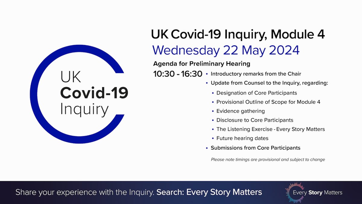 Today we begin our second preliminary hearing for our fourth investigation examining vaccines and therapeutics (Module 4).

📺Watch live from 10:30 (with a three minute delay) on our YouTube channel: 

youtube.com/@UKCovid-19Inq…