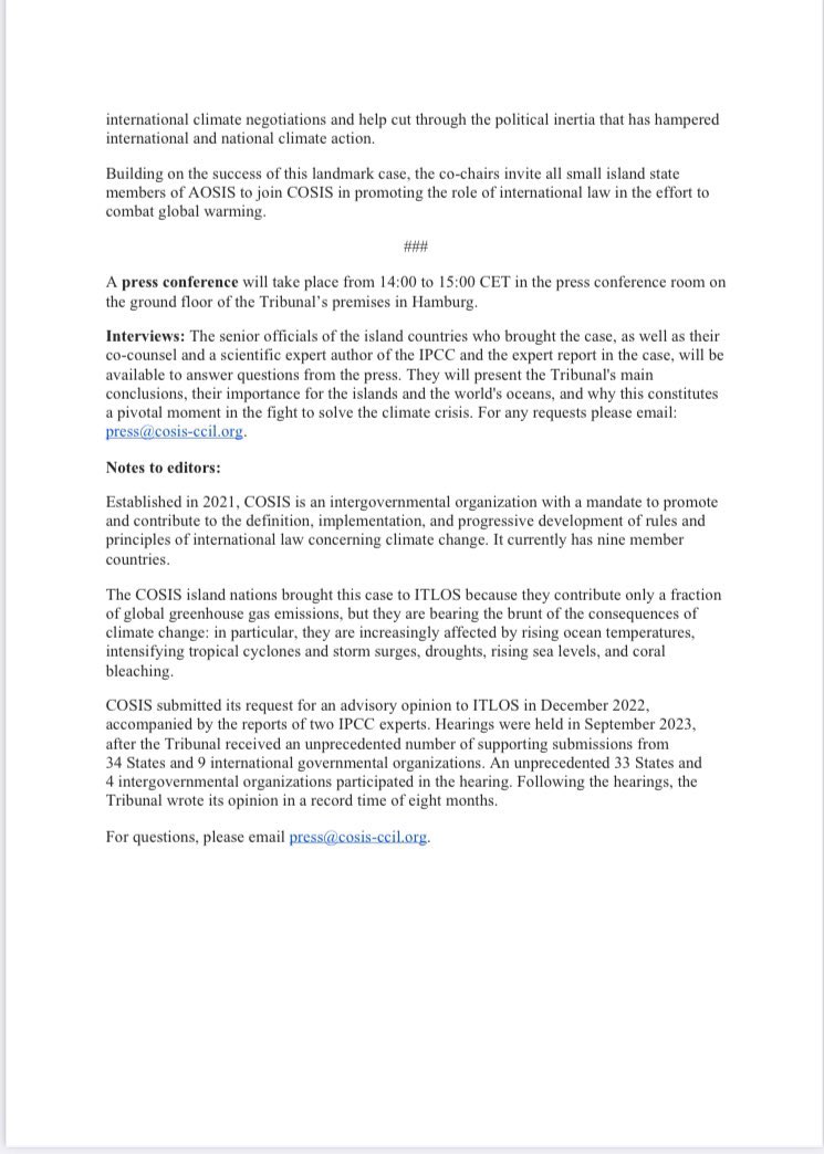 A historic win for climate frontline communities across the world. The International Tribunal on the Law of the Sea (ITLOS) delivers its advisory opinion. The Tribunal held: - that GHG emissions constitute pollution of the marine environment within the definition of #UNCLOS.